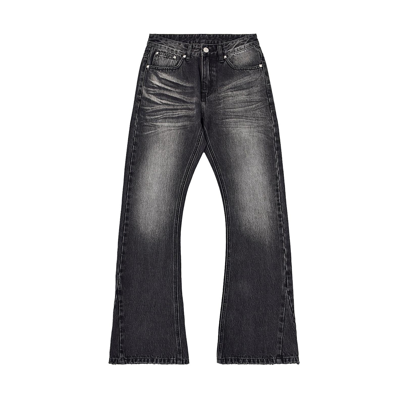 Custom Men's Black Heavyweight Flared Fit Washed Jeans With Rivets