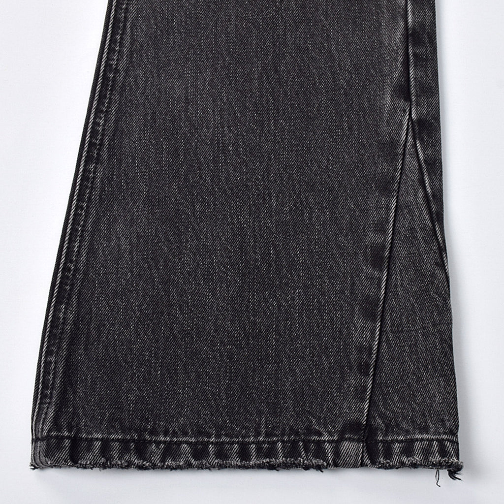 Custom Men's Black Heavyweight Flared Fit Washed Jeans With Rivets