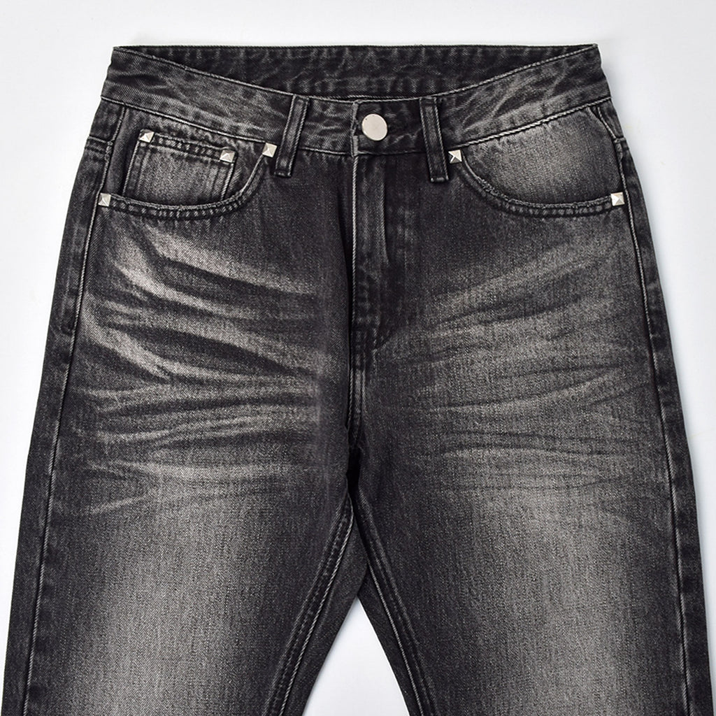 Custom Men's Black Heavyweight Flared Fit Washed Jeans With Rivets
