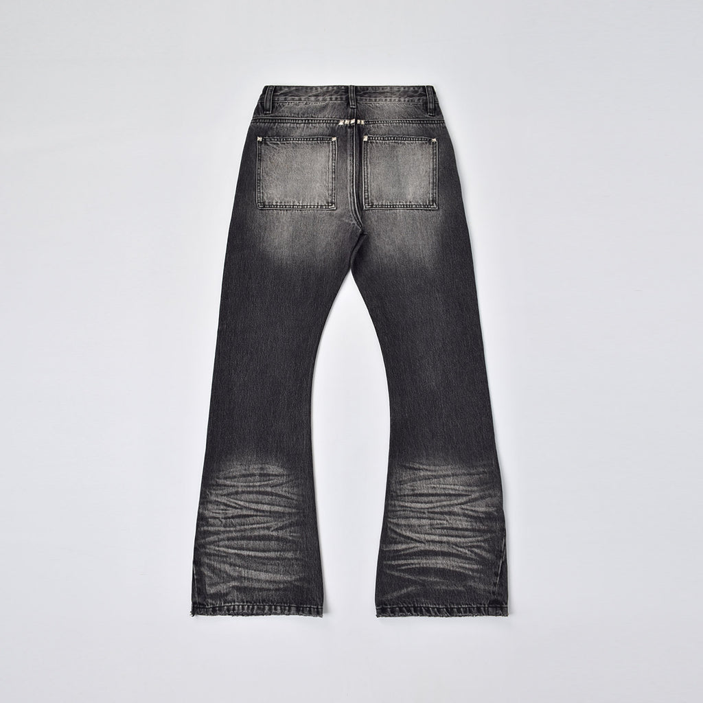 Custom Men's Black Heavyweight Flared Fit Washed Jeans With Rivets