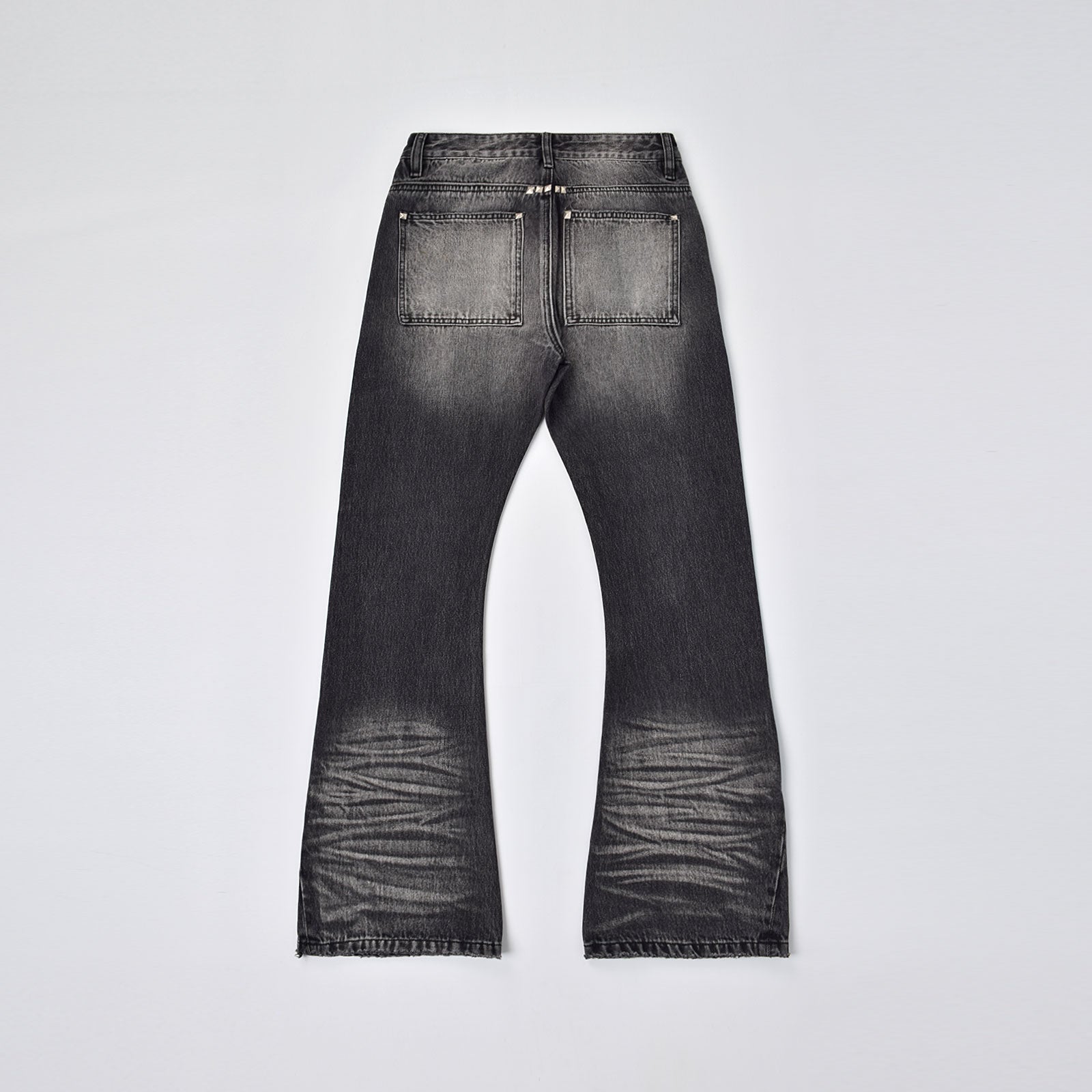 Custom Men's Black Heavyweight Flared Fit Washed Jeans With Rivets