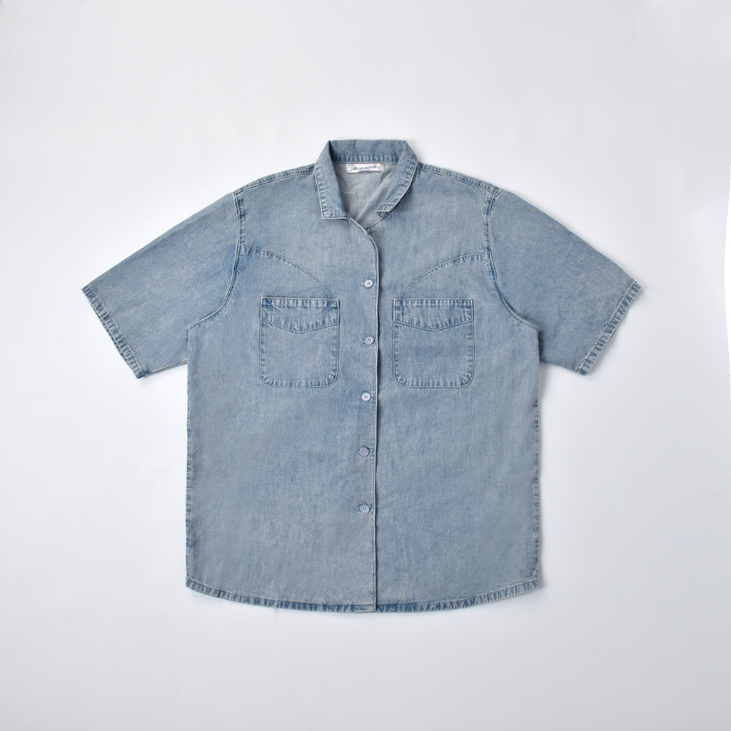 Custom Unisex Plain Pockets Blue Short Sleeve Denim Shirts