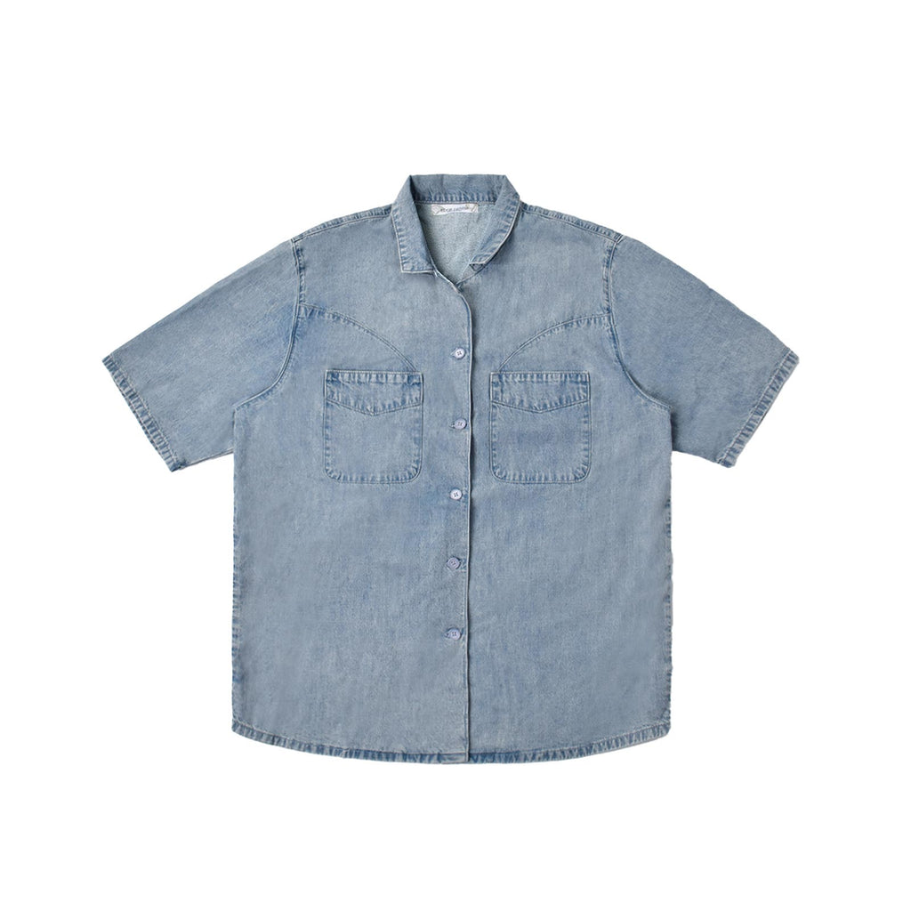 Custom Unisex Plain Pockets Blue Short Sleeve Denim Shirts