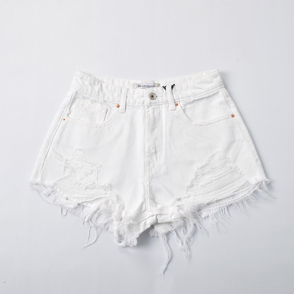 Custom Women's Wide White Raw Hem Mini Denim Shorts