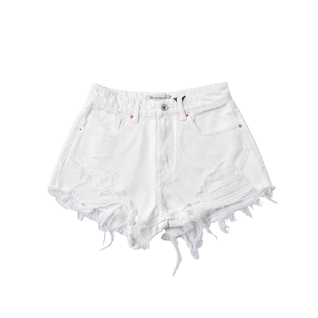 Custom Women's Wide White Raw Hem Mini Denim Shorts