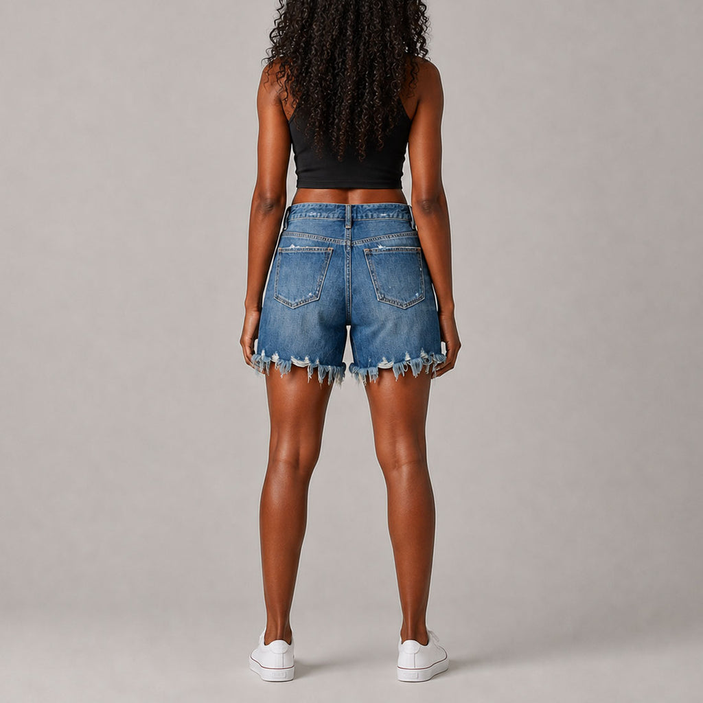 Custom Women's Blue Washed Raw Hem Denim Shorts