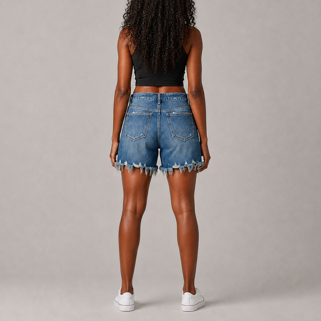 Custom Women's Blue Washed Raw Hem Denim Shorts
