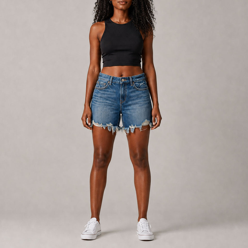 Custom Women's Blue Washed Raw Hem Denim Shorts