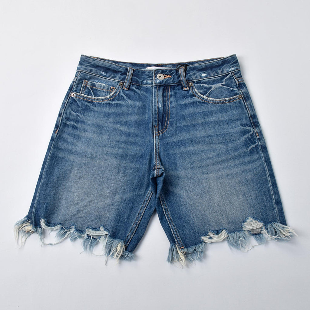 Custom Women's Blue Washed Raw Hem Denim Shorts