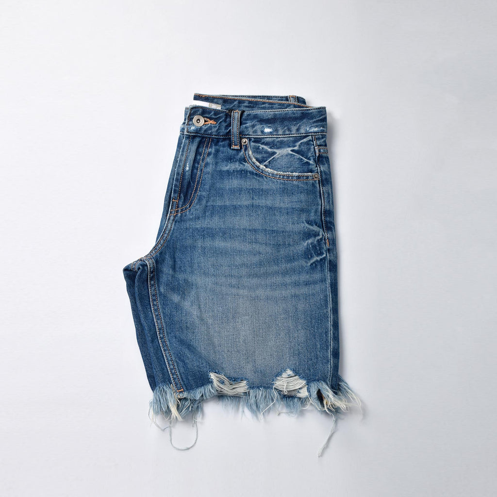 Custom Women's Blue Washed Raw Hem Denim Shorts