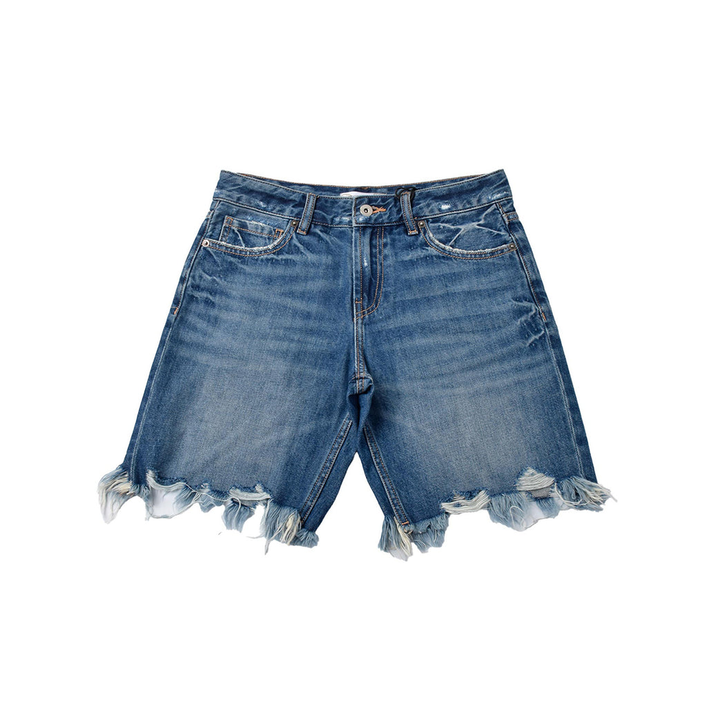 Custom Women's Blue Washed Raw Hem Denim Shorts