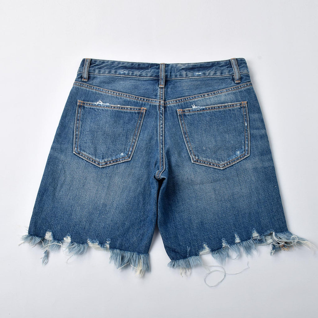 Custom Women's Blue Washed Raw Hem Denim Shorts