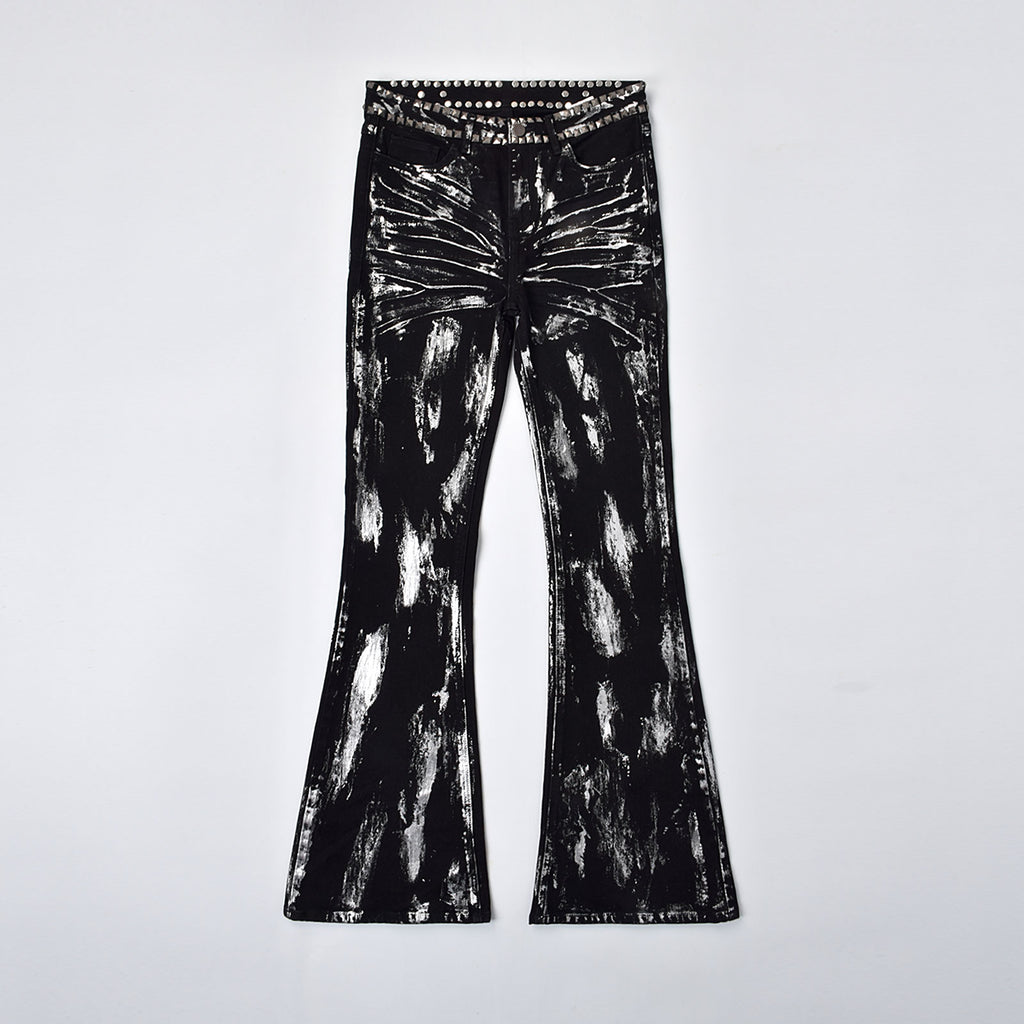Custom Men's Flared Rivets Waxed Black Jeans