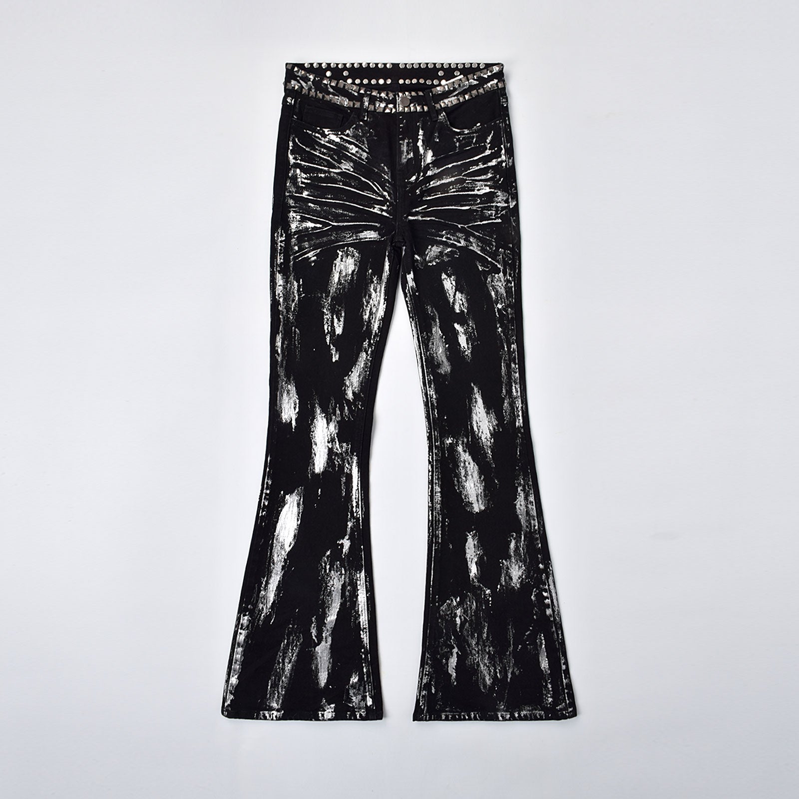 Custom Men's Flared Rivets Waxed Black Jeans