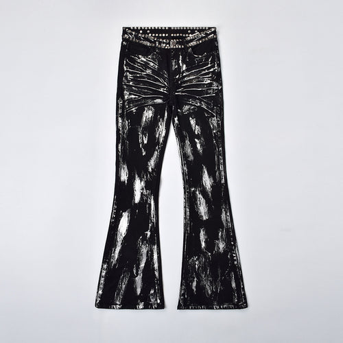 Custom Men's Flared Rivets Waxed Black Jeans