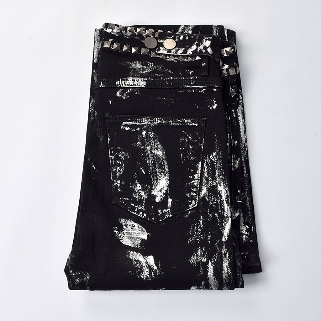 Custom Men's Flared Rivets Waxed Black Jeans