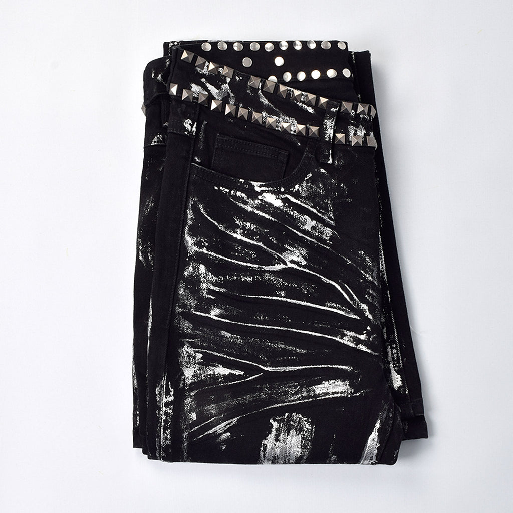 Custom Men's Flared Rivets Waxed Black Jeans