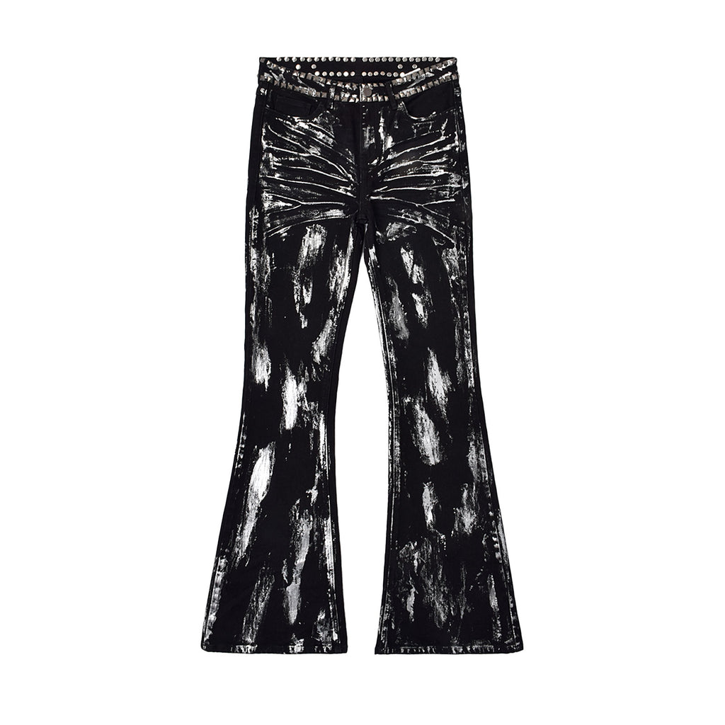 Custom Men's Flared Rivets Waxed Black Jeans