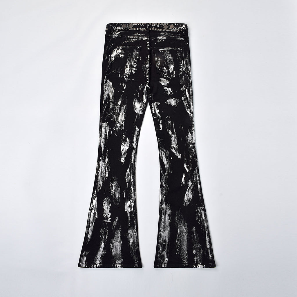Custom Men's Flared Rivets Waxed Black Jeans