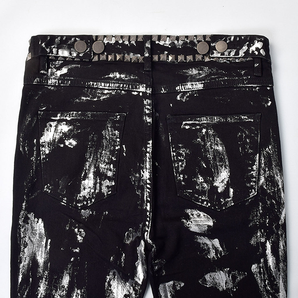 Custom Men's Flared Rivets Waxed Black Jeans