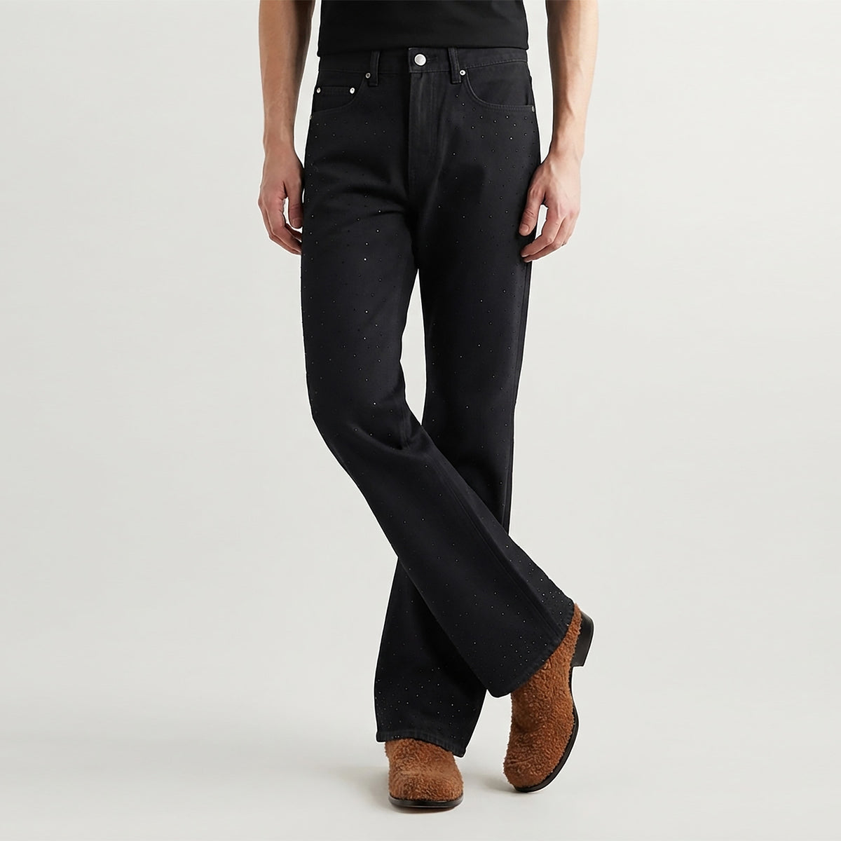 Custom Men's Black Rhinestone Flared Fit Jeans