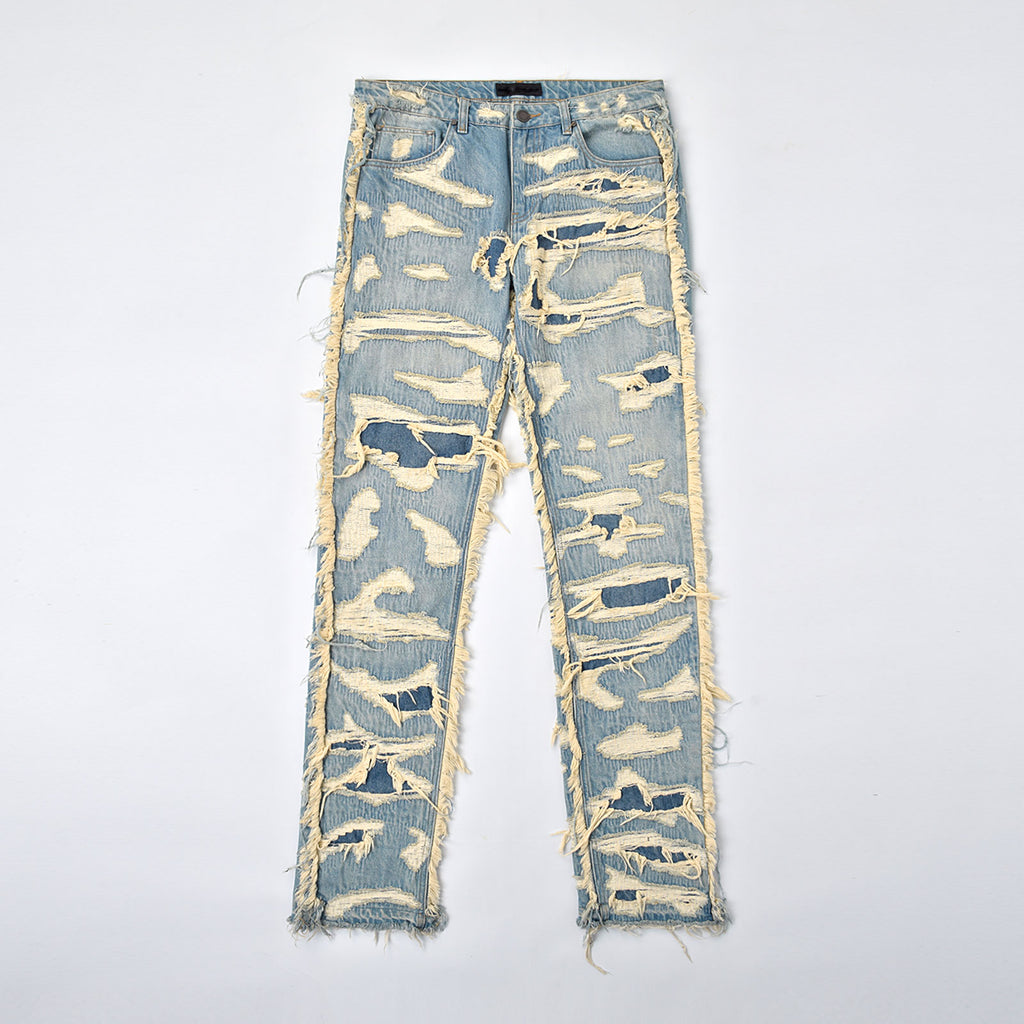 Custom Men's Distressed Ridded Embroidery Blue Jeans