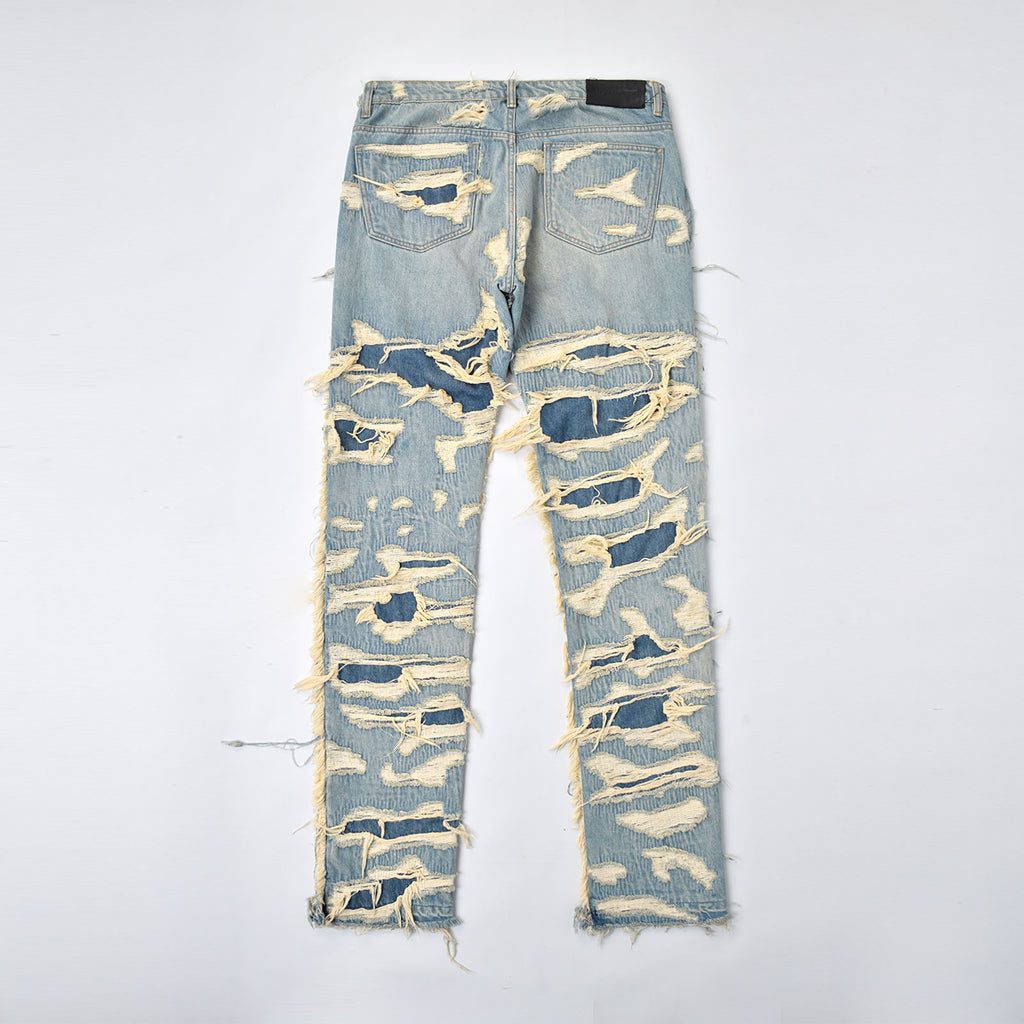 Custom Men's Distressed Ridded Embroidery Blue Jeans