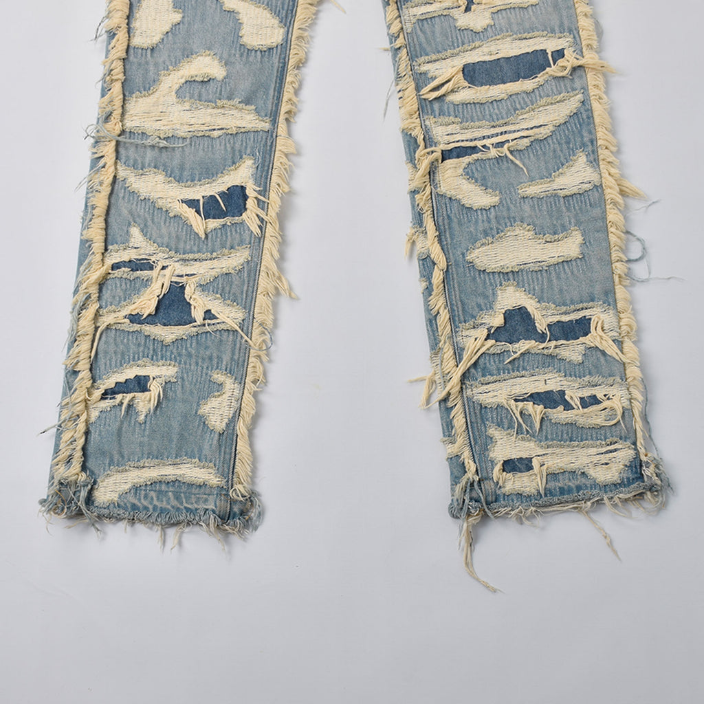 Custom Men's Distressed Ridded Embroidery Blue Jeans