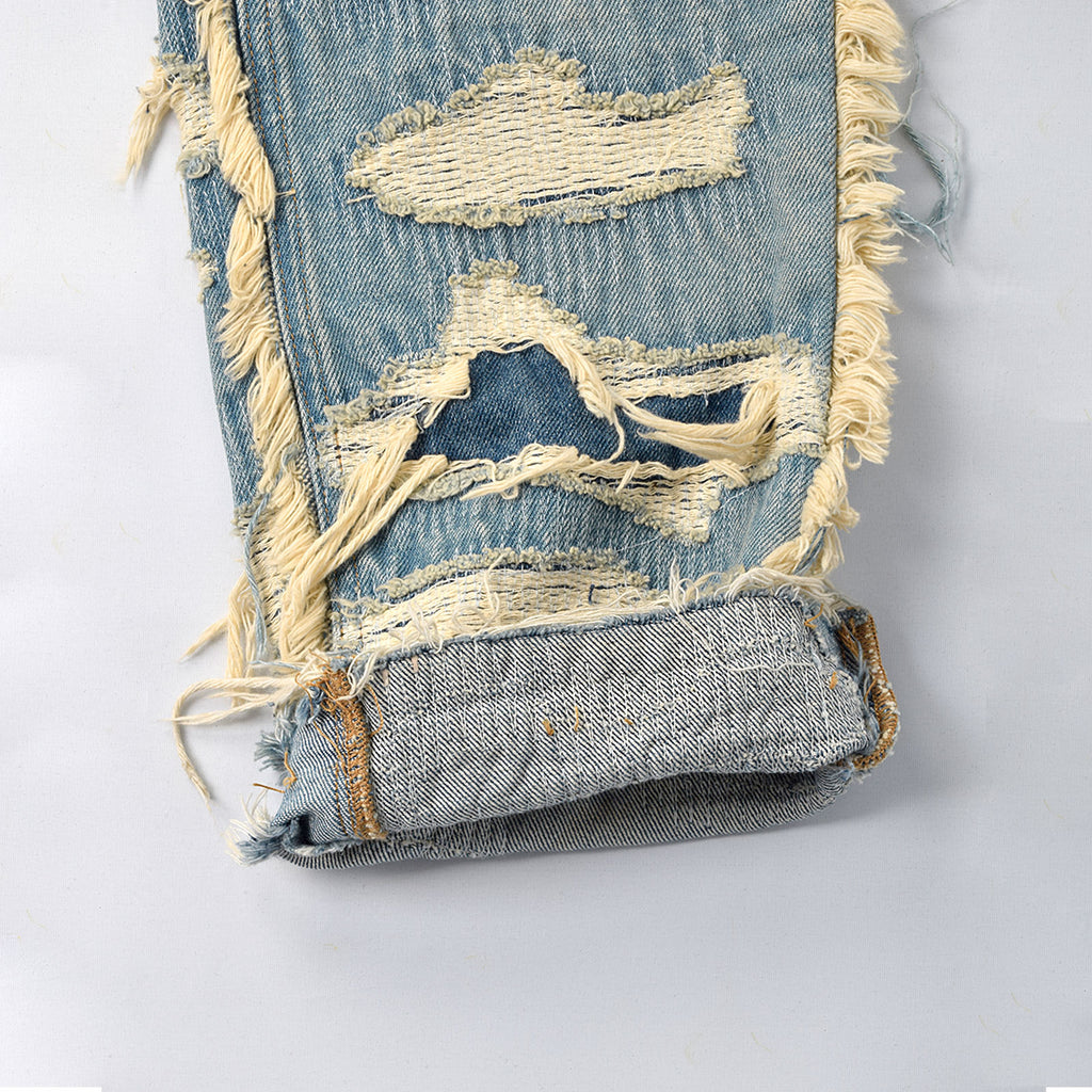 Custom Men's Distressed Ridded Embroidery Blue Jeans