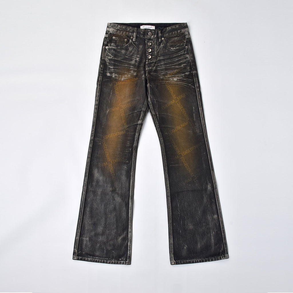 Custom Women's Laser Printing Dirty Washed Waxed Coat Flared Jeans