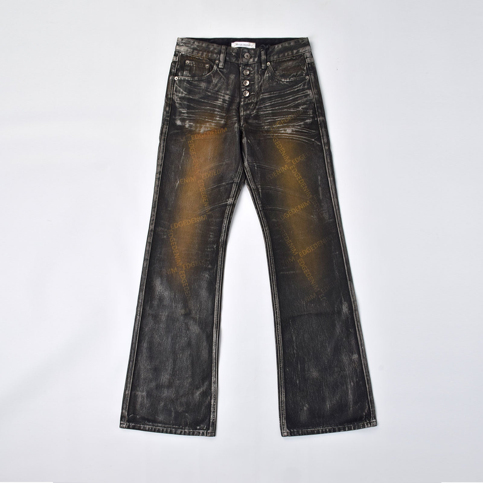 Custom Women's Laser Printing Dirty Washed Waxed Coat Flared Jeans