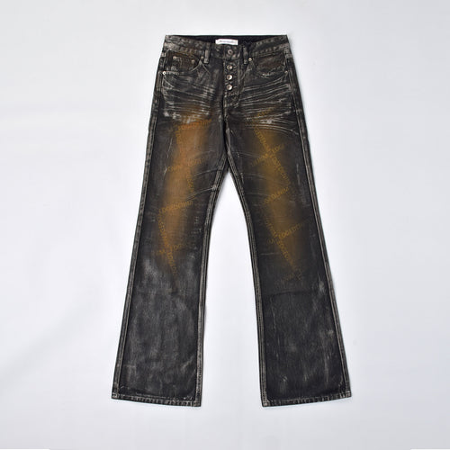 Custom Women's Laser Printing Dirty Washed Waxed Coat Flared Jeans