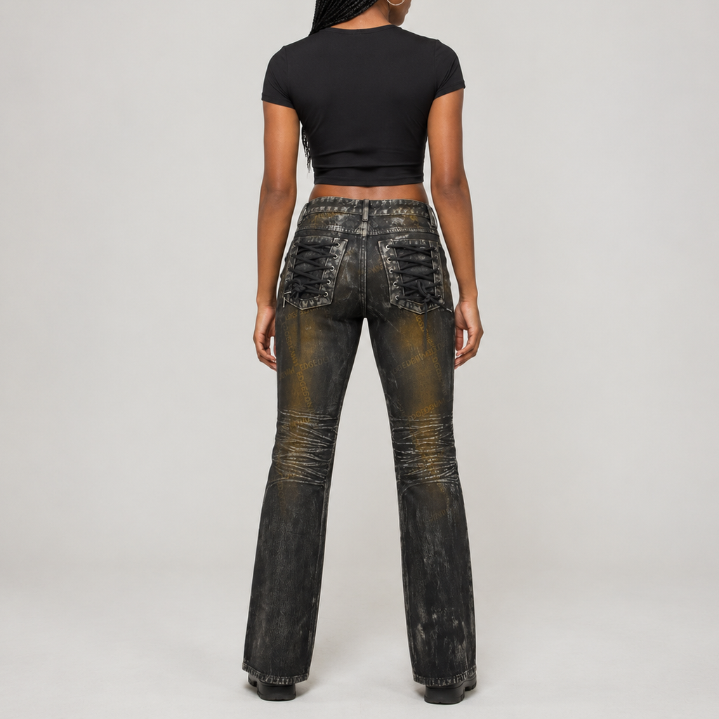 Custom Women's Laser Printing Dirty Washed Waxed Coat Flared Jeans
