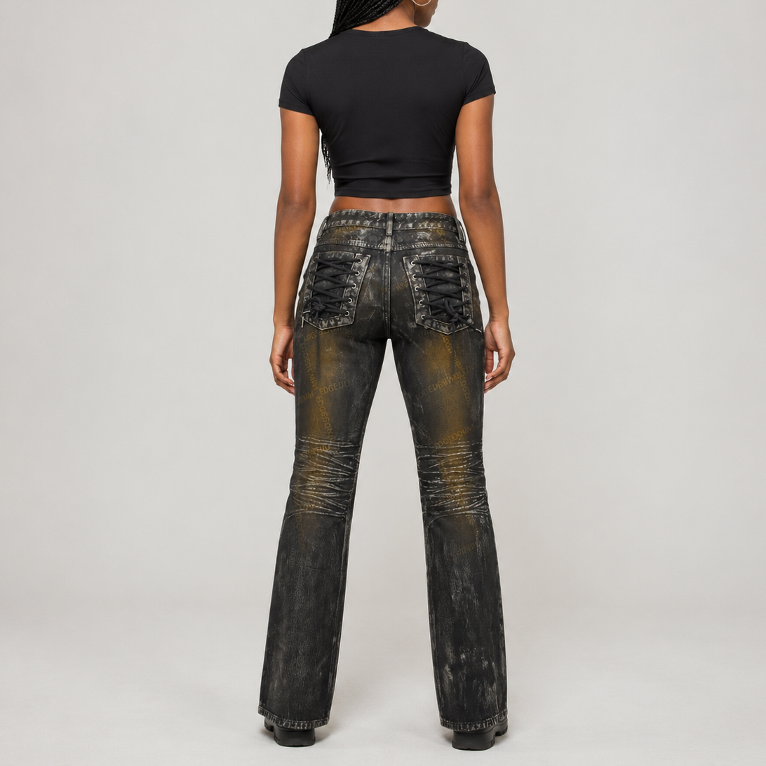 Custom Women's Laser Printing Dirty Washed Waxed Coat Flared Jeans
