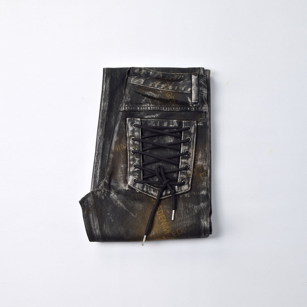 Custom Women's Laser Printing Dirty Washed Waxed Coat Flared Jeans