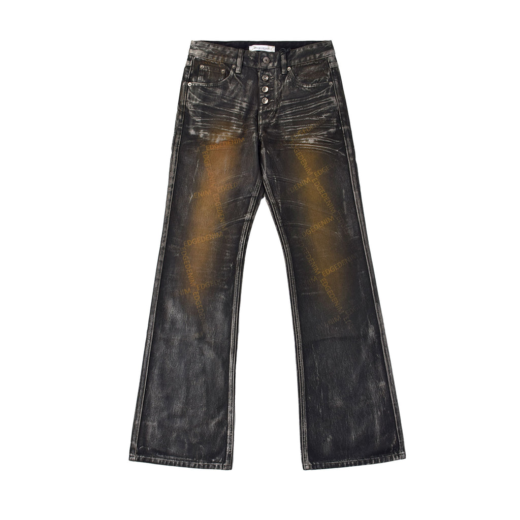 Custom Women's Laser Printing Dirty Washed Waxed Coat Flared Jeans