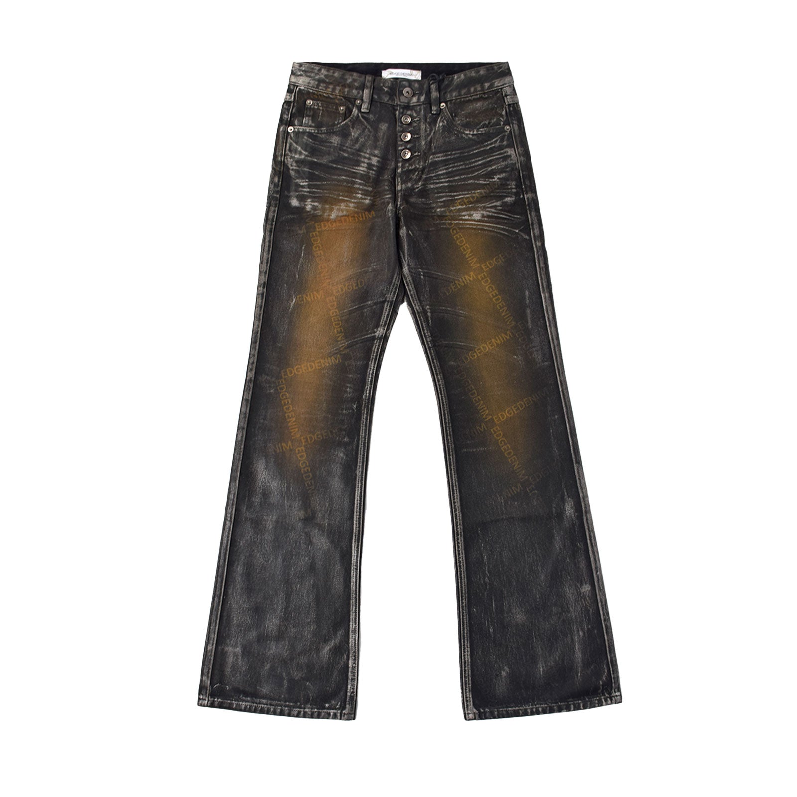Custom Women's Laser Printing Dirty Washed Waxed Coat Flared Jeans