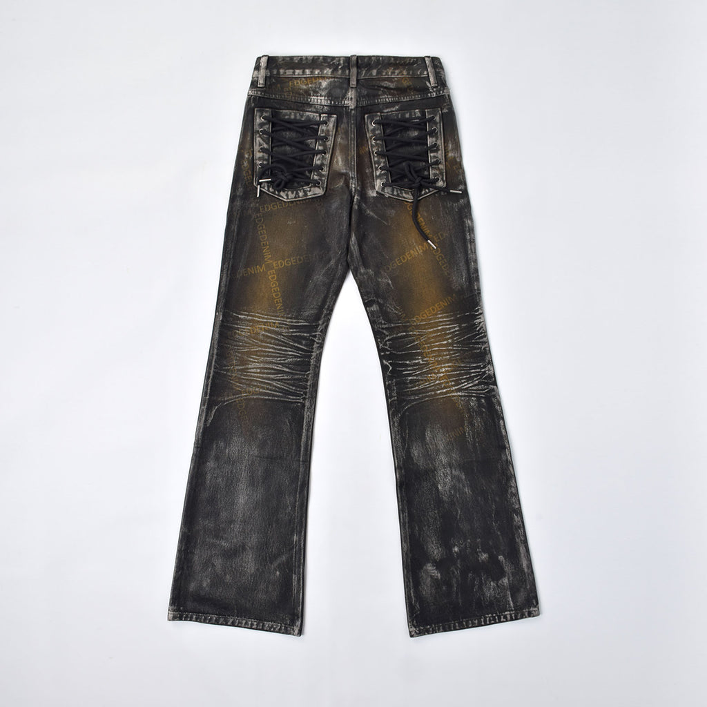 Custom Women's Laser Printing Dirty Washed Waxed Coat Flared Jeans