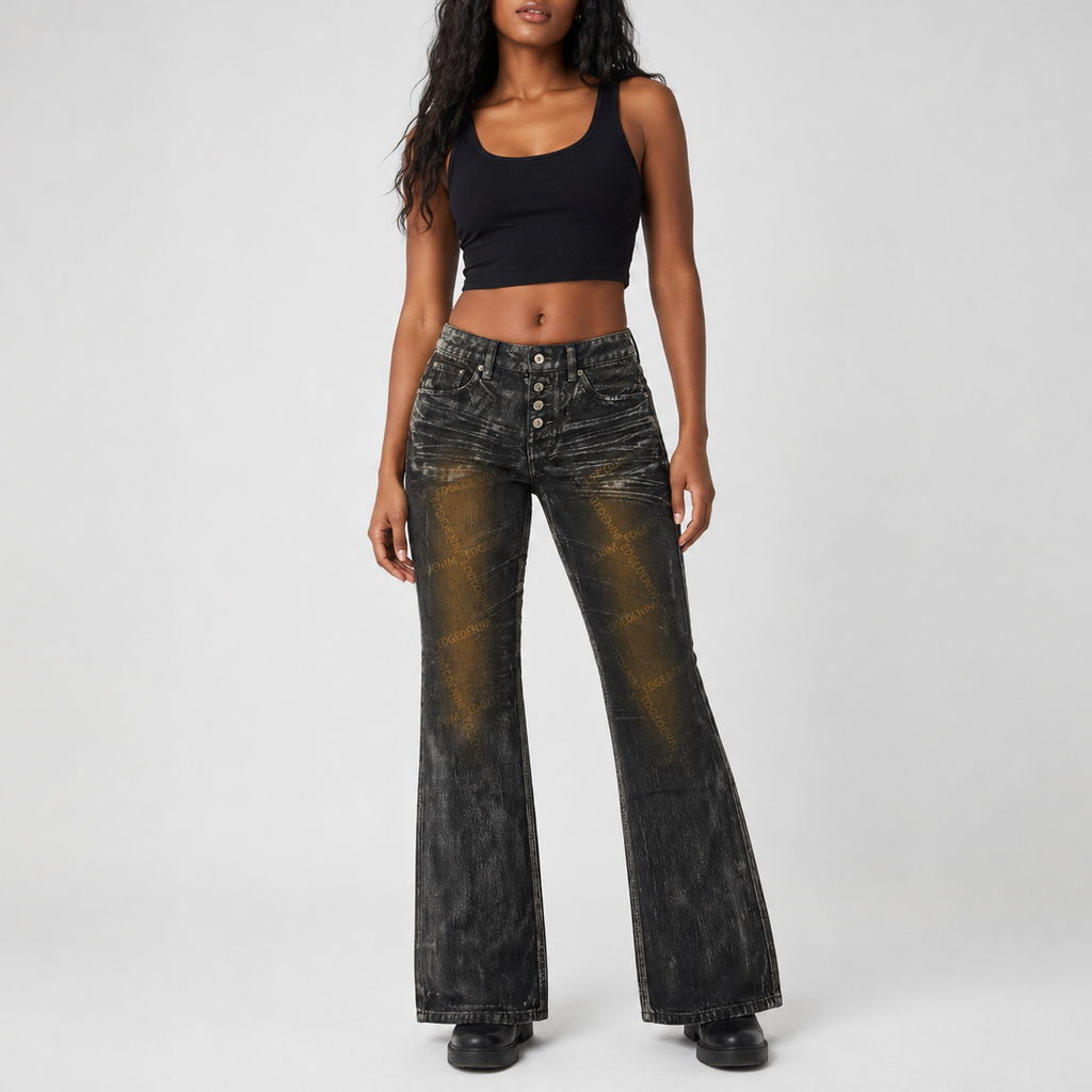 Custom Women's Laser Printing Dirty Washed Waxed Coat Flared Jeans