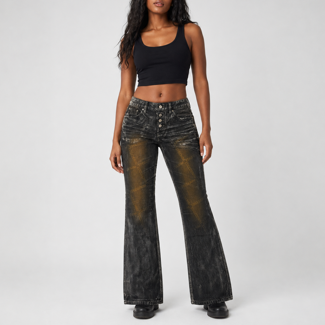 Custom Women's Laser Printing Dirty Washed Waxed Coat Flared Jeans