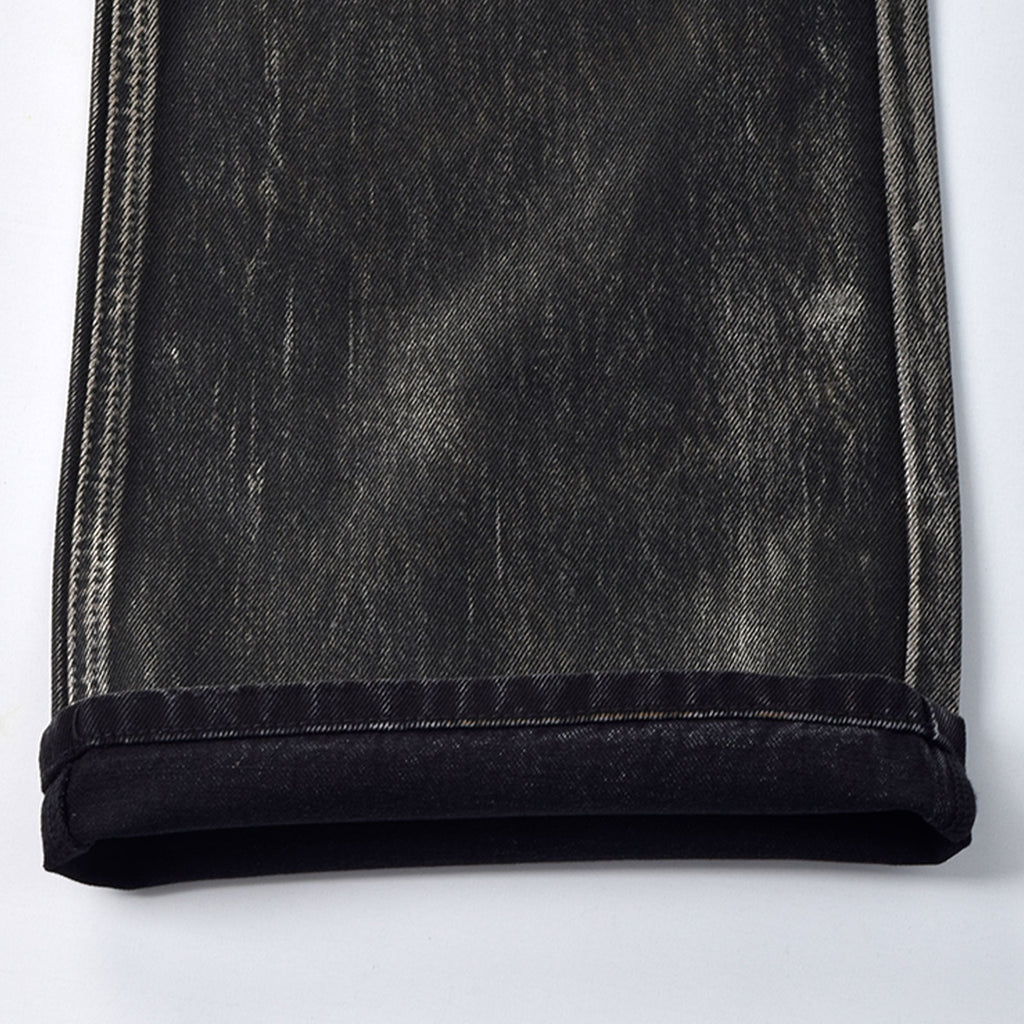 Custom Women's Laser Printing Dirty Washed Waxed Coat Flared Jeans