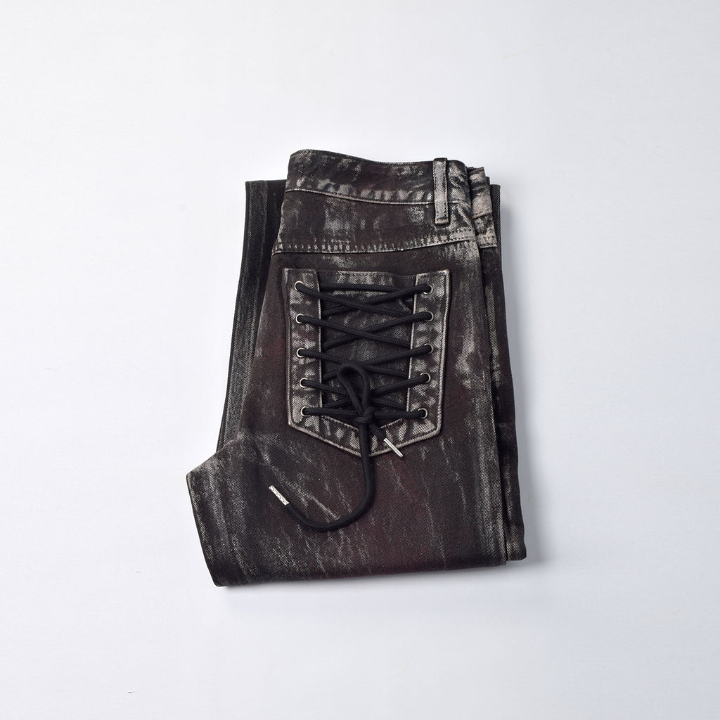 Custom Women's Dirty Washed Waxed Coat Flared Boot Cut Jeans