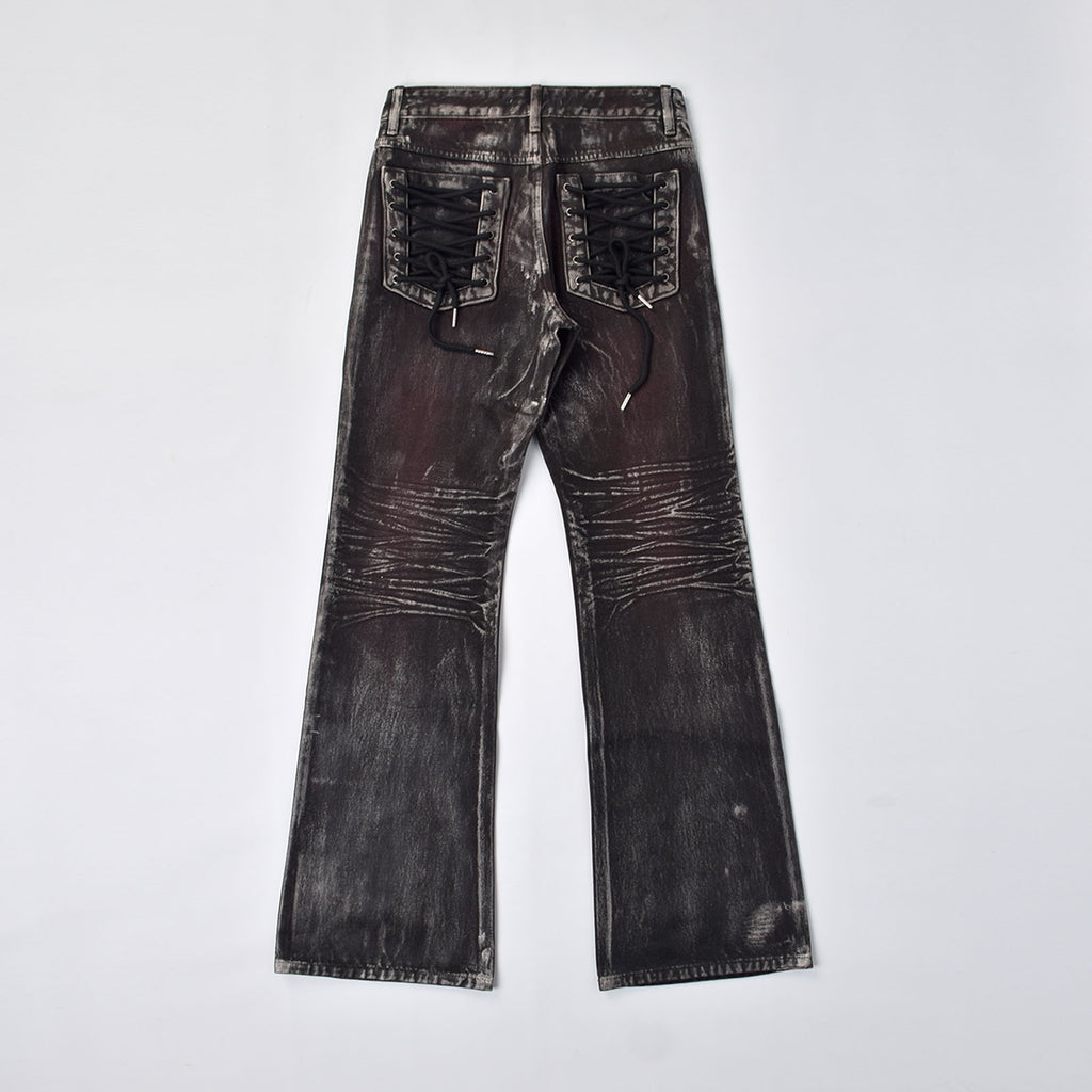 Custom Women's Dirty Washed Waxed Coat Flared Boot Cut Jeans