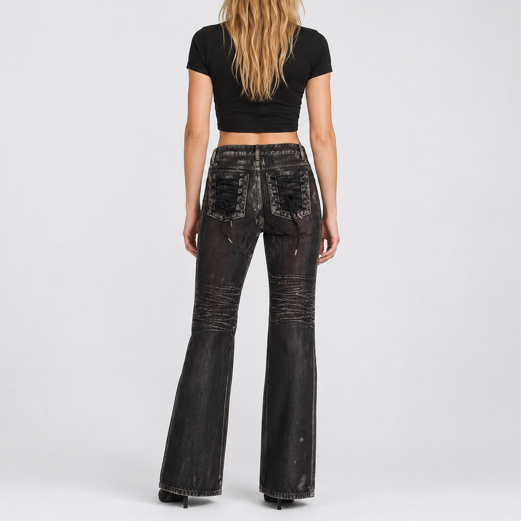 Custom Women's Dirty Washed Waxed Coat Flared Boot Cut Jeans