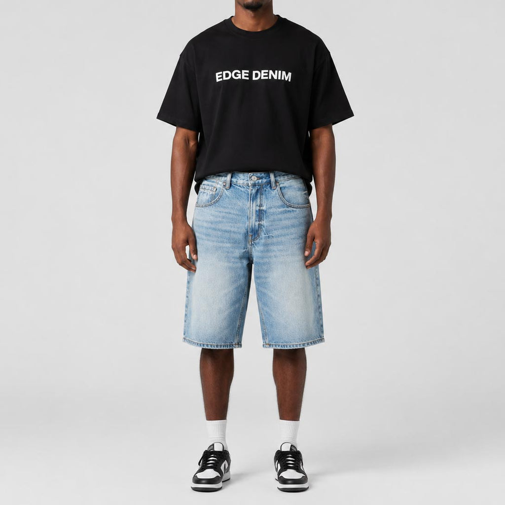 Custom Men's Blue Plain Baggy Denim Shorts