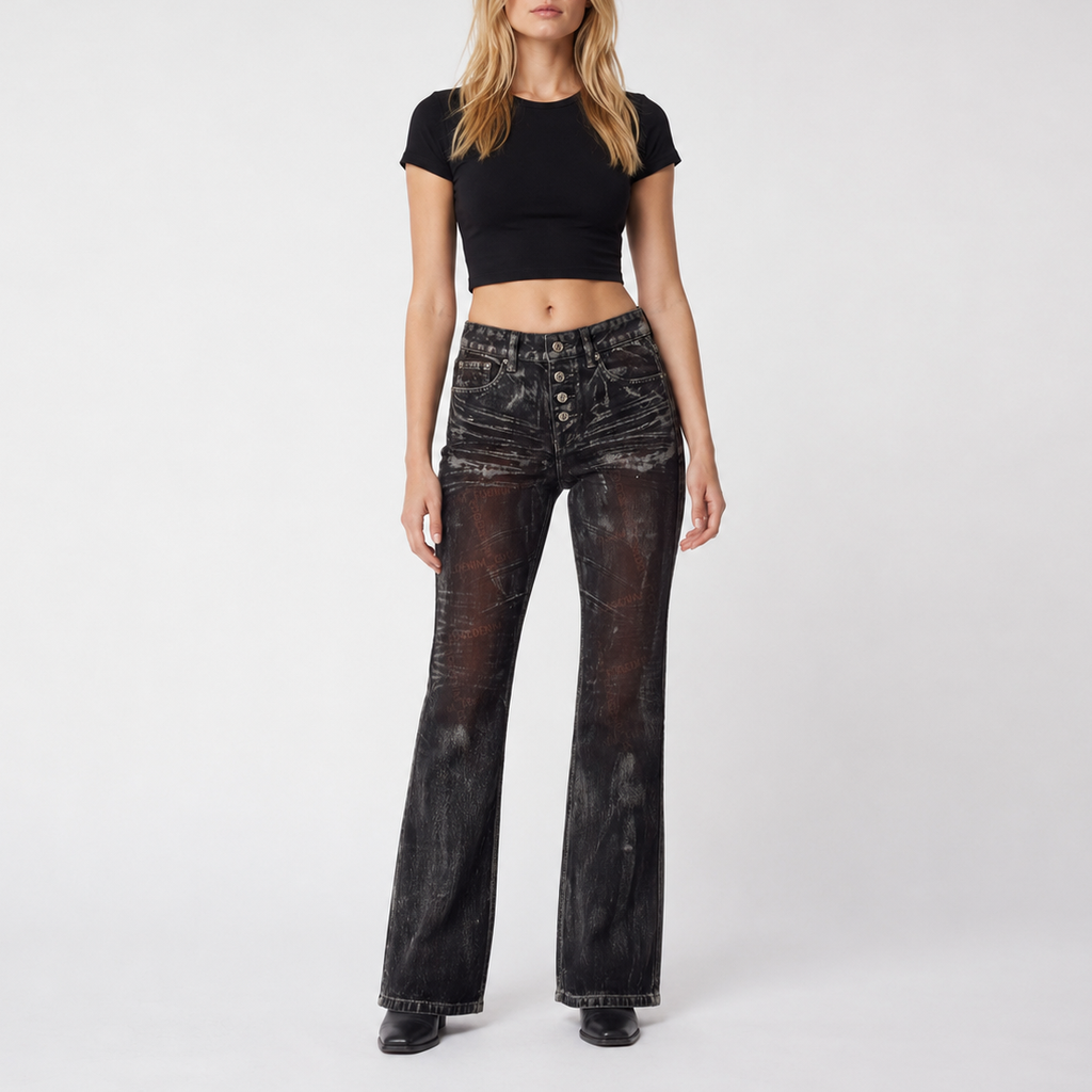 Custom Women's Waxed Coat Laser Printing Boot cut Flare Jeans