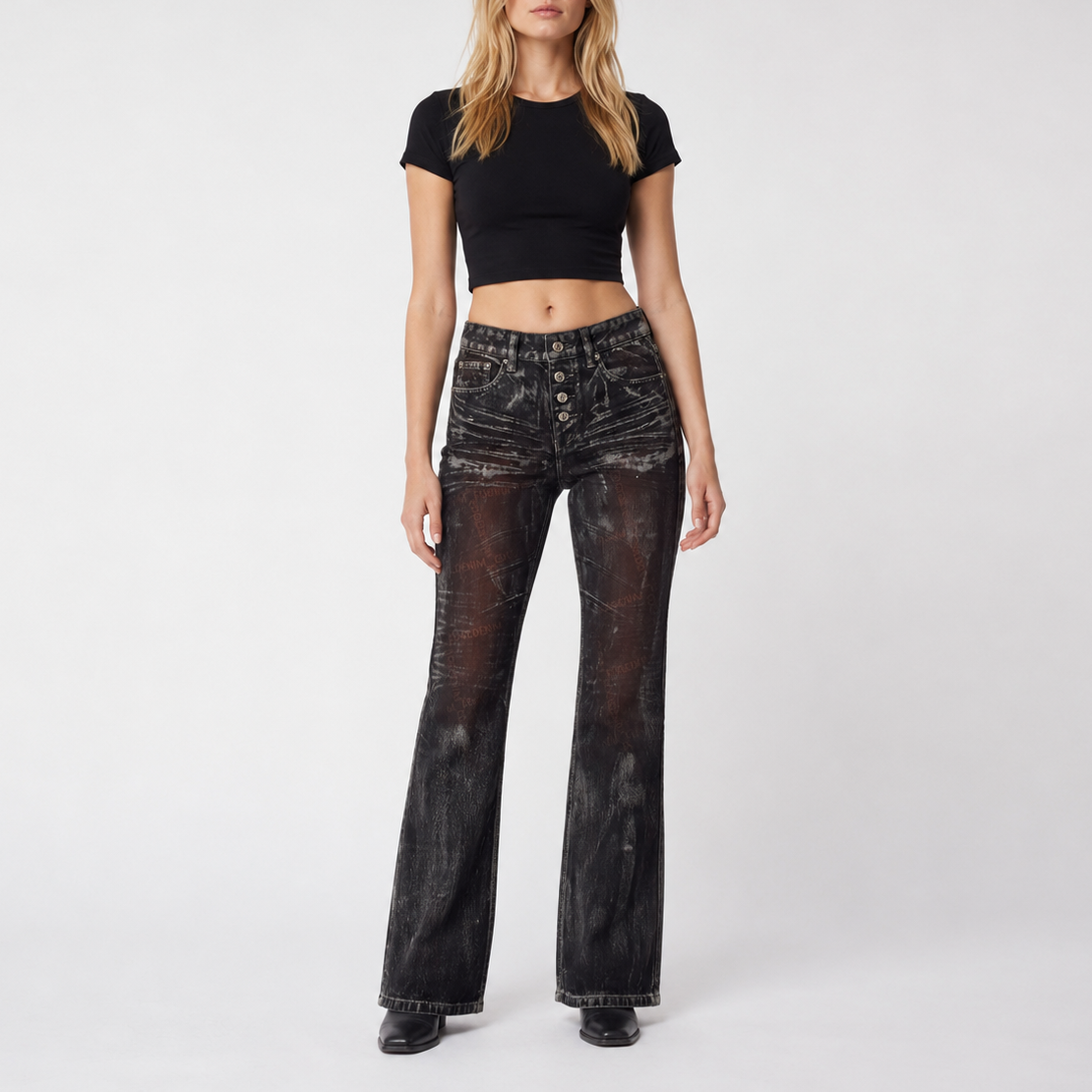 Custom Women's Waxed Coat Laser Printing Boot cut Flare Jeans