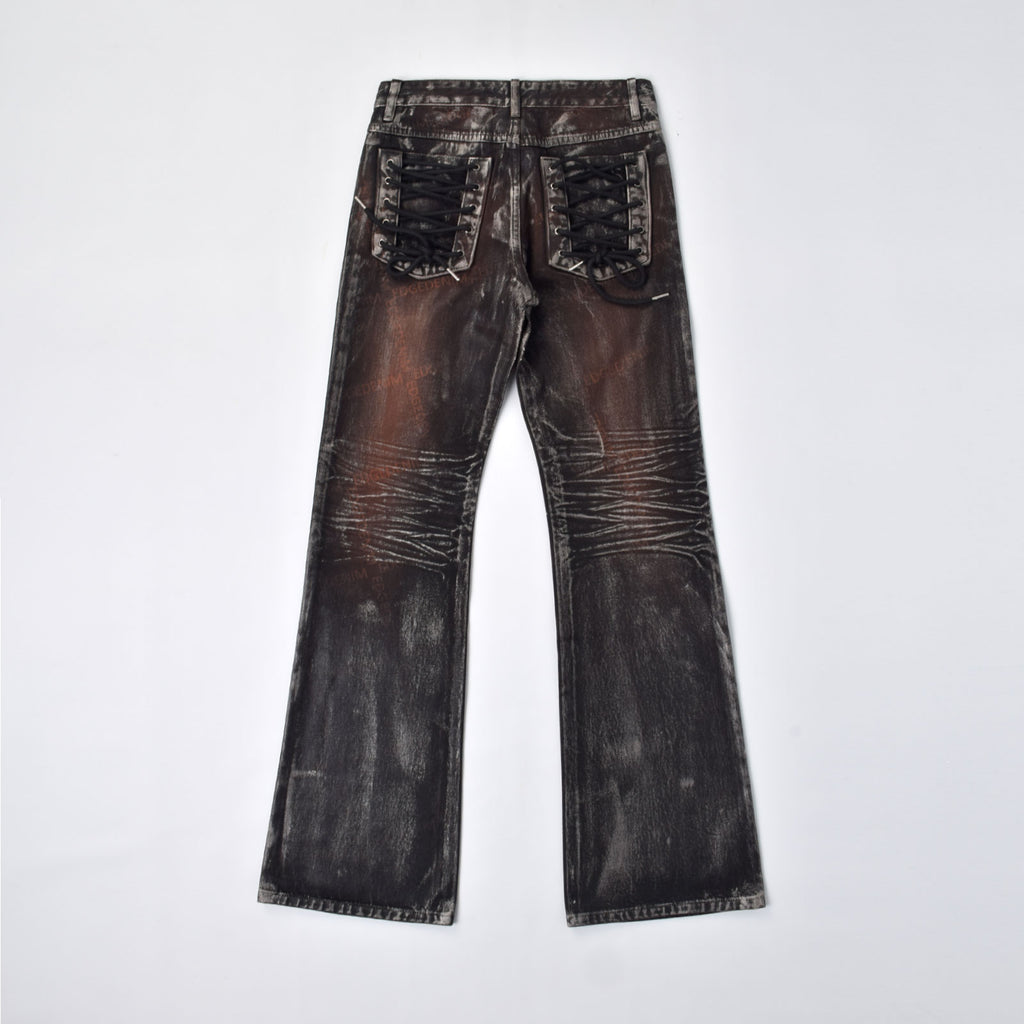 Custom Women's Waxed Coat Laser Printing Boot cut Flare Jeans