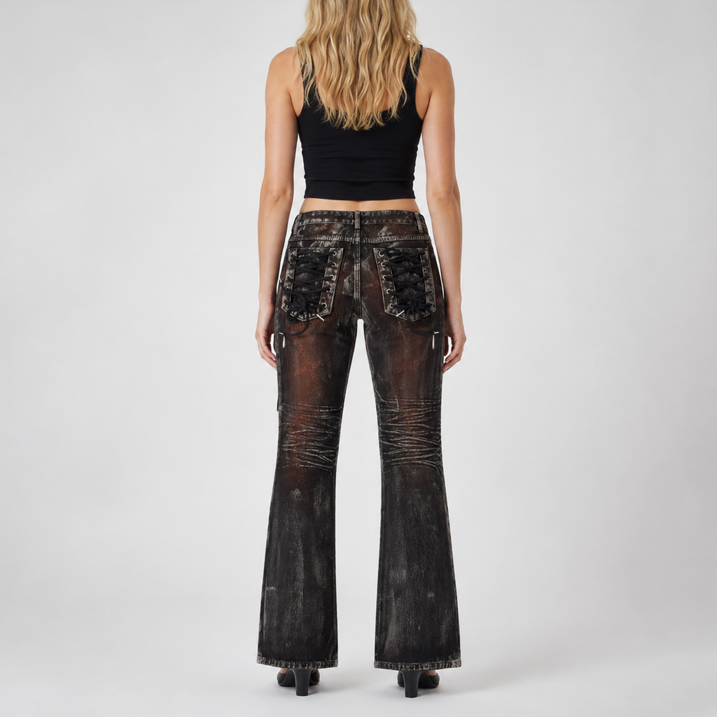 Custom Women's Waxed Coat Laser Printing Boot cut Flare Jeans