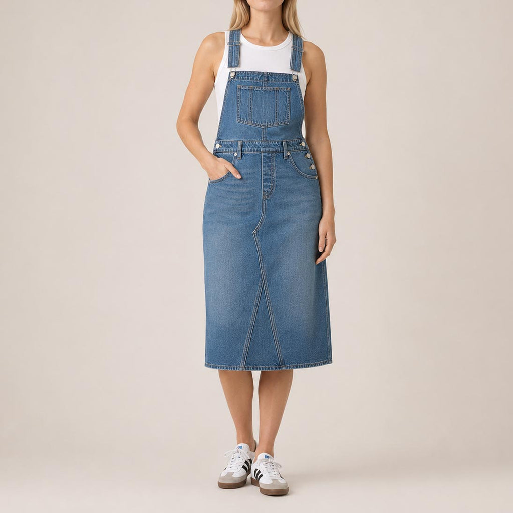 Custom Women's Plain Blue Washed Denim Overalls Dress